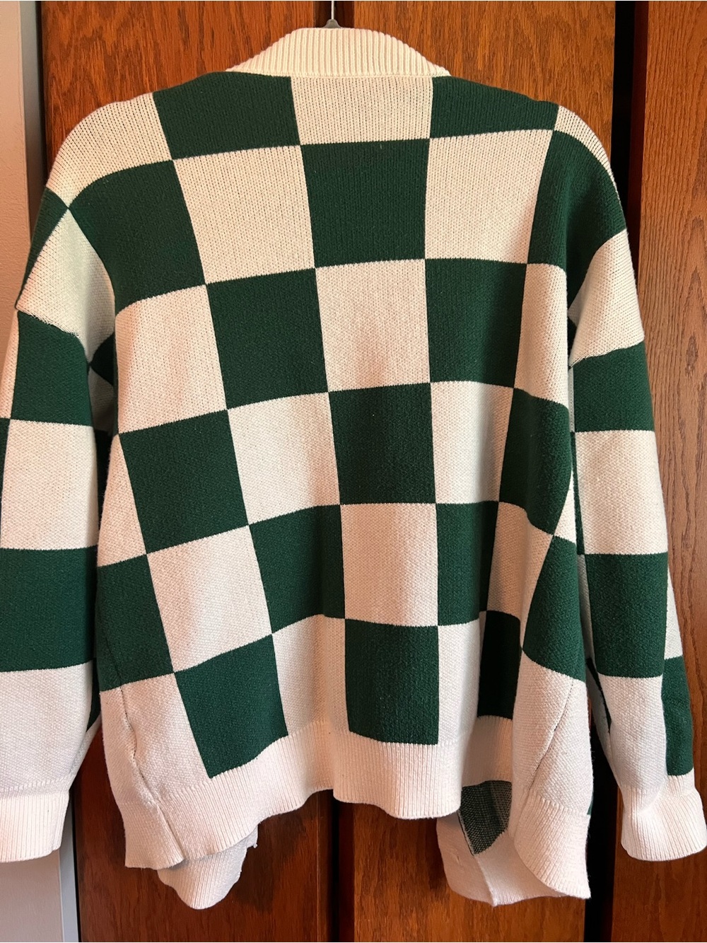 Green and Cream Checkered Button-Front Women's Cardigan - Picture 3 of 3